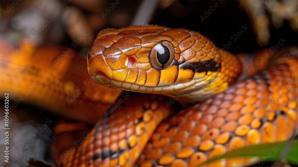 Obraz premium Close-up of a bright orange snake with black stripes, its head tilted up, looking directly at the camera.