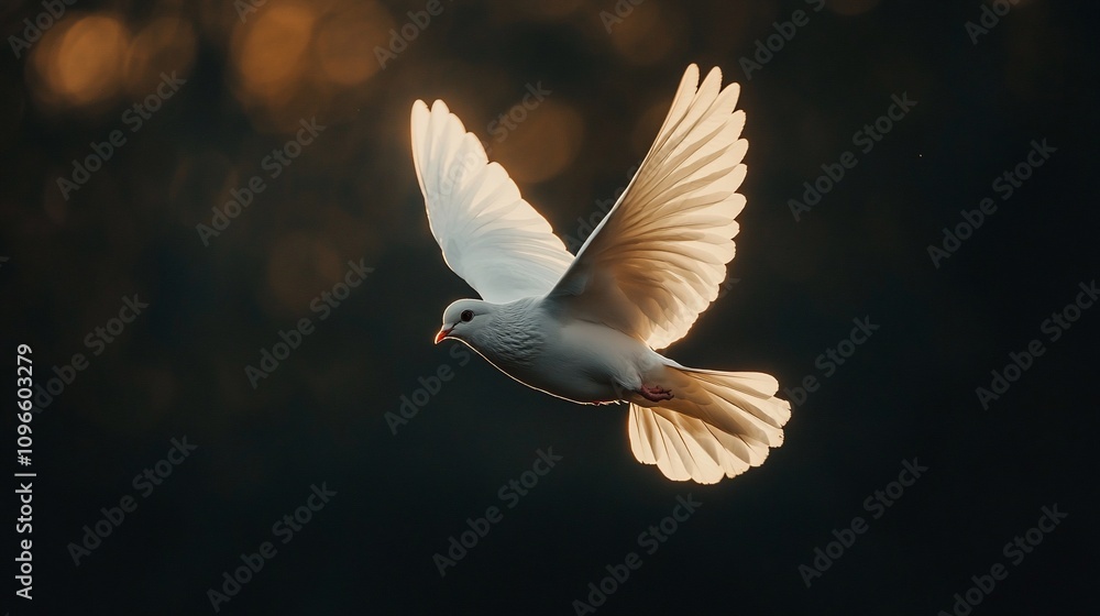 White dove in flight, wings spread, backlit. White dove in flight, wings spread, backlit.