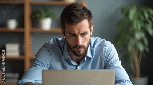 Serious man working on a laptop in a home office with bookshelves and plants in the background. Remote work and productivity concept.