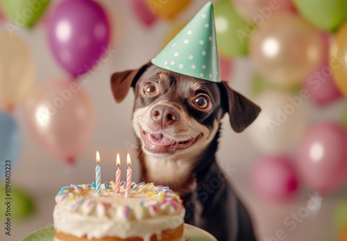 Cheerful Dog Celebrating Birthday with Cake and Balloons in a Bright and Festive Atmosphere, Wearing a Party Hat and Grinning Joyfully
