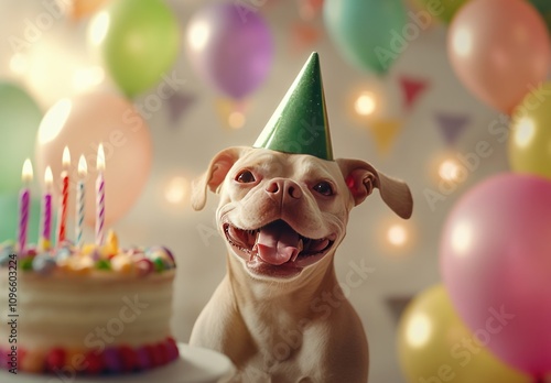 Happy Dog with Party Hat Celebrating Birthday Surrounded by Balloons and Cake with Candles in a Colorful Festive Atmosphere