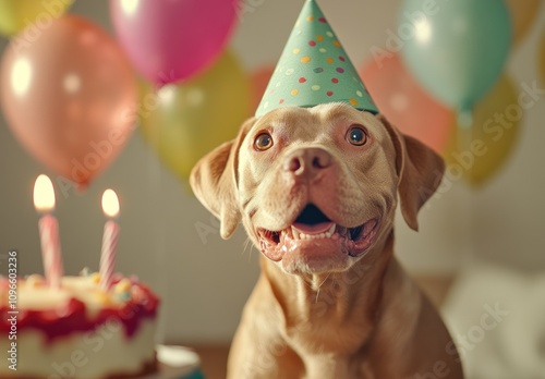 Cheerful Dog Enjoying a Birthday Celebration with Colorful Balloons, Cake and Party Hat in a Joyful Atmosphere Perfect for Animal Lovers and Festive Occasions
