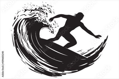 Silhouette of a Surfer Riding a Wave on a Surfboard
