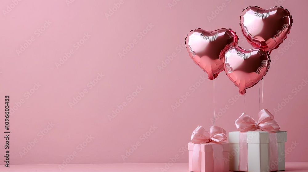 Fototapeta premium Romantic Pink Heart Balloons Gifts Valentines Day Love Celebration