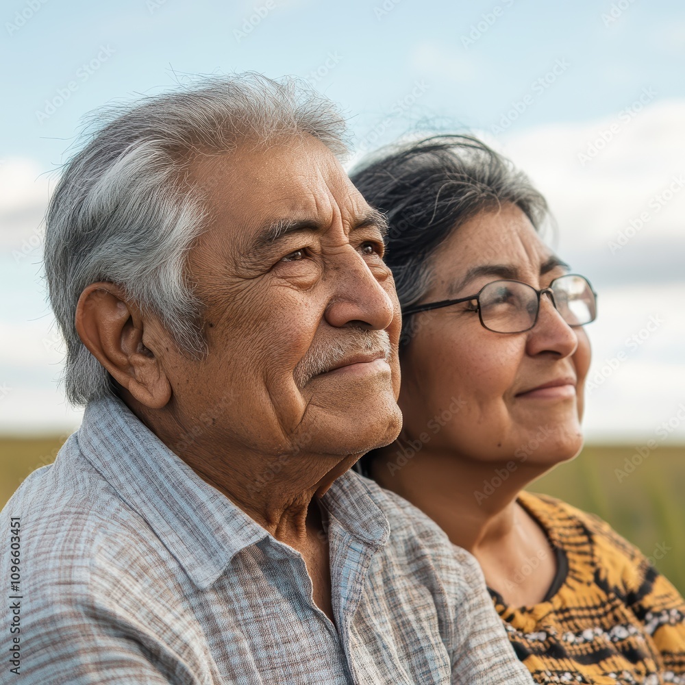 An elderly couple sits close, sharing smiles and gazing at the horizon. The peaceful landscape surrounds them. Their bond shines through on this bright day An elderly couple sits close, sharing smiles and gazing at the horizon. The peaceful landscape surrounds them. Their bond shines through on this bright day