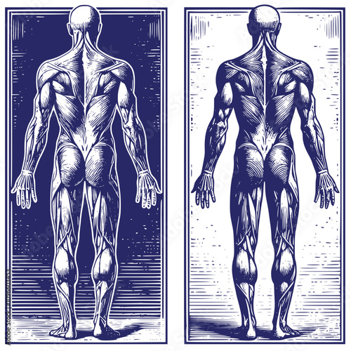 Anatomical Back View of Muscular Human Body, Vector Illustration in Woodcut Engraving Style for Medical and Educational Themes