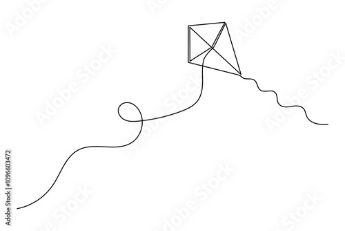 Flying kites  one line drawing of isolated outline flat vector icon