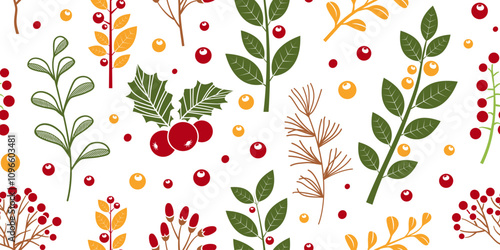 Christmas berry seamless pattern, mistletoe sprig, branch leaves background. Winter, autumn tree, holly berry, spruce, twig print. Red, green, brown, yellow colors Xmas vector illustration