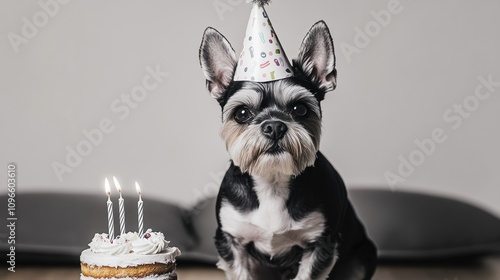 Adorable Dog in Birthday Hat Celebrating with Cake and Candles in a Minimalist Room Setting