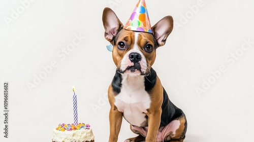 Adorable puppy wearing a colorful party hat beside a festive birthday cake with a candle, perfect for celebrations and joyful moments in a minimalist setting