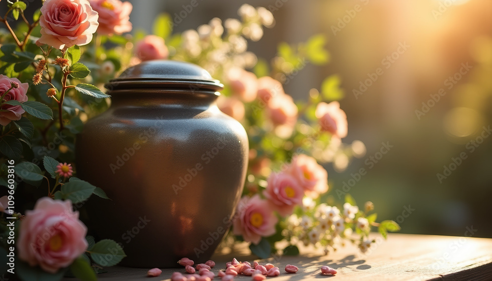 A brown urn for ashes placed outdoors with vibrant flowers, symbolizing a heartfelt tribute in a serene cemetery setting. A brown urn for ashes placed outdoors with vibrant flowers, symbolizing a heartfelt tribute in a serene cemetery setting.