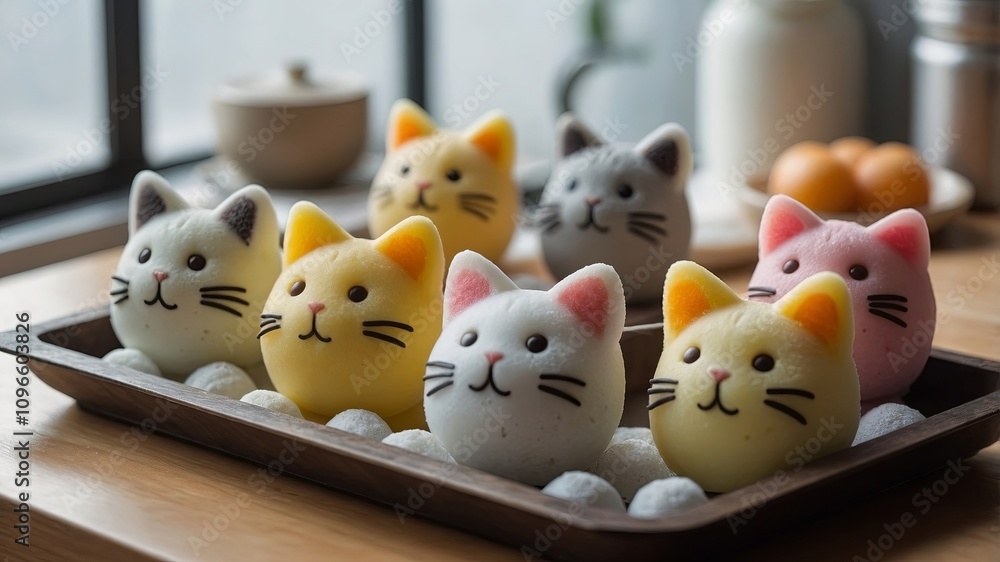 Tray of colorful cat-shaped mochi desserts in a sunlit kitchen. Creative baking and dessert art concept. Tray of colorful cat-shaped mochi desserts in a sunlit kitchen. Creative baking and dessert art concept.