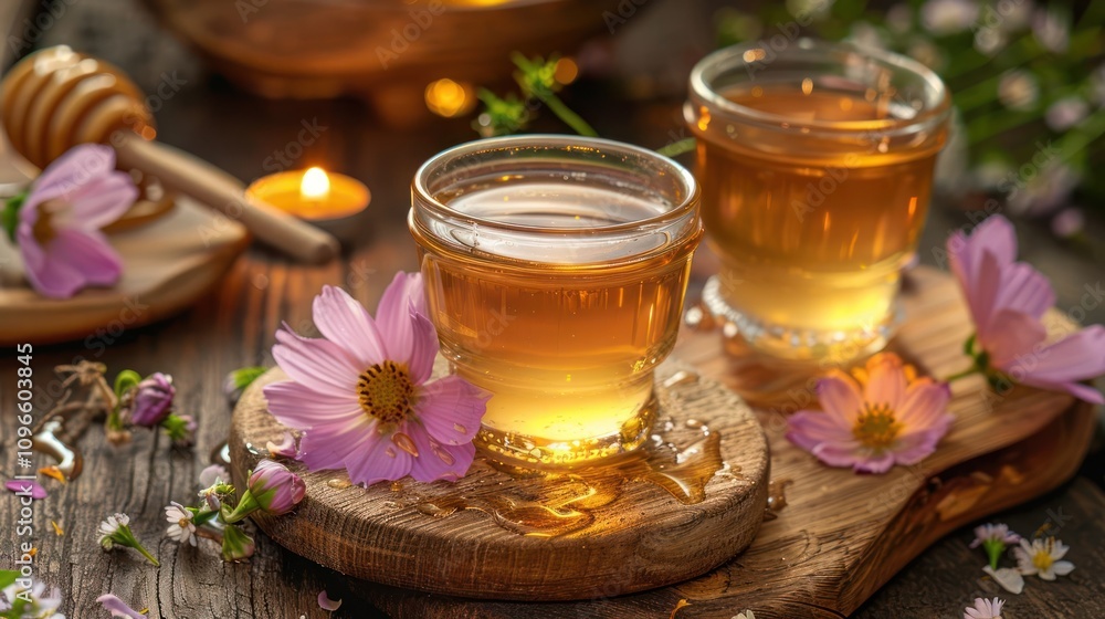 Two glasses of honey with pink flowers and a candle on a wooden table. Two glasses of honey with pink flowers and a candle on a wooden table.