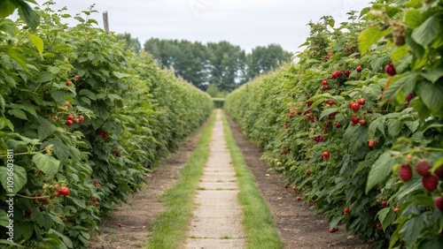 garden path lined with row of ripe red raspberry plants, garden beds, red raspberries, fruiting branches