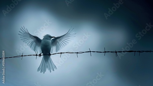 Ethereal Moment of a Bird in Flight Against a Moody Sky with Barbed Wire, Capturing the Essence of Freedom and Isolation in Nature's Realm