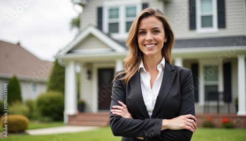 A confident realtor in front of an appealing house, embodying professionalism and a strong commitment to client relationships in the real estate journey.