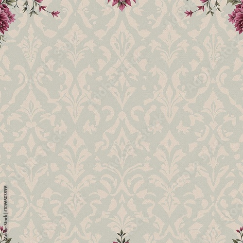 Damask-inspired florals on textured wallpaper with a mix of muted and bold colors, geometric designs, floral pattern, damask wallpaper, classic decor, home design inspiration.