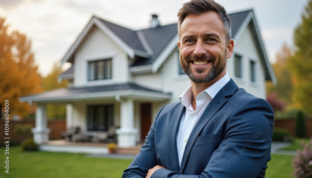 A confident realtor presenting a property in a welcoming neighborhood, embodying professionalism and a friendly approach. A confident realtor presenting a property in a welcoming neighborhood, embodying professionalism and a friendly approach.