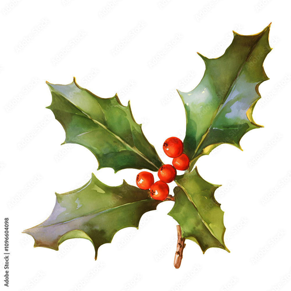 Fototapeta premium Holly green leaves and red berries isolated on transparent background. Symbol of pagan winter holiday Yule. Merry Christmas and Happy New Year. Element for design banner, card, poster
