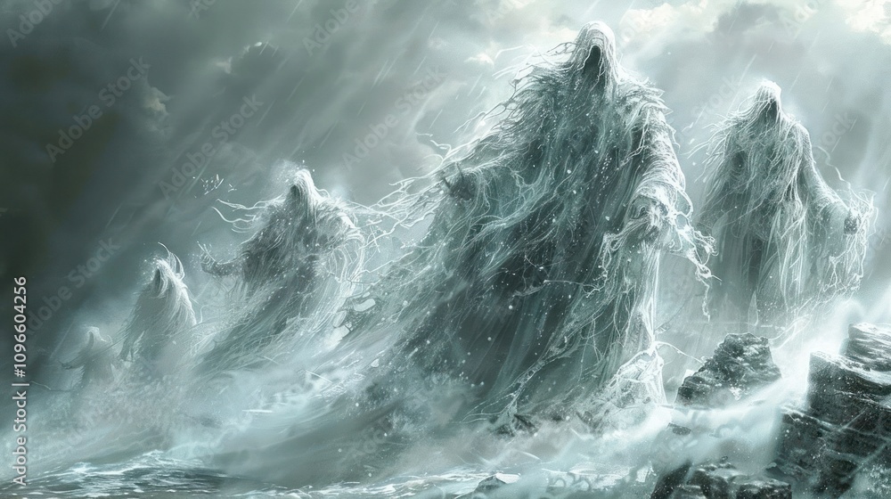 Fototapeta premium Four ghostly figures with long, flowing, white, tattered robes emerge from a snowstorm, standing on a rocky outcrop.