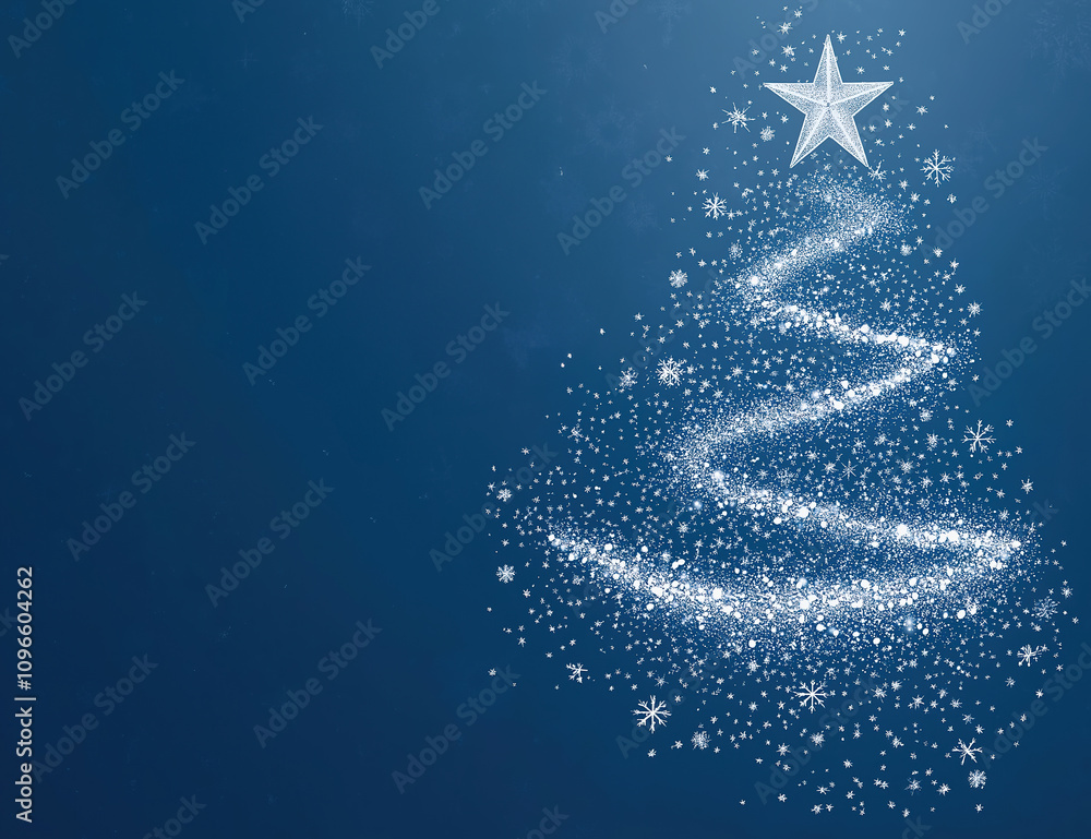 Glittering Spiral Christmas Tree with Star on Blue Background greeting cards, seasonal advertisements, or festive banners. Glittering Spiral Christmas Tree with Star on Blue Background greeting cards, seasonal advertisements, or festive banners.
