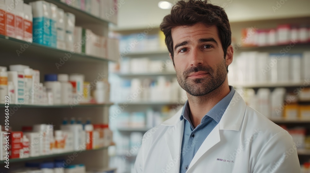 A male pharmacist stands in a pharmacy, surrounded by shelves of medication. A male pharmacist stands in a pharmacy, surrounded by shelves of medication.