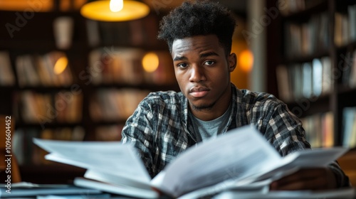 Young Man Studying Amidst Books in a Library photo