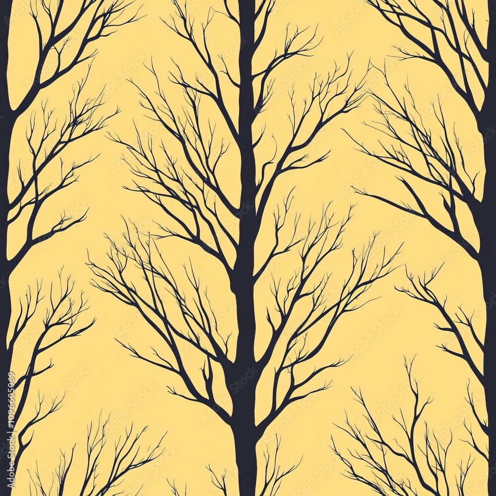 Fototapeta premium Seamless pattern of dark silhouettes of leafless trees on a pale yellow background.