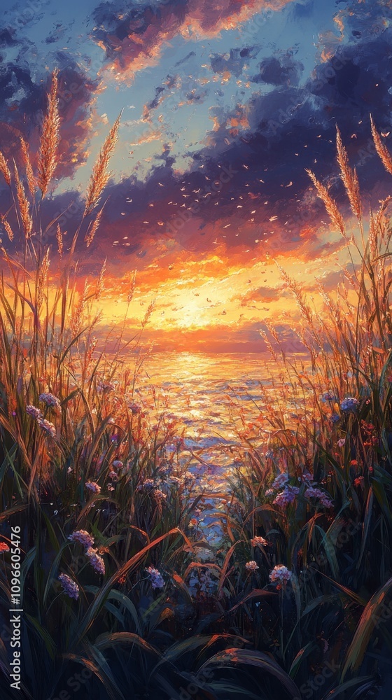 Fototapeta premium Sunset Meadow by the Sea: A Vibrant Coastal Landscape Painting