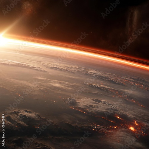 Sunrise from space, Earth's horizon with atmospheric glow.