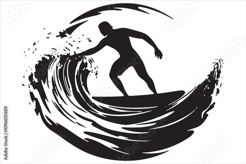 Silhouette of a Surfer Riding a Wave on a Surfboard
