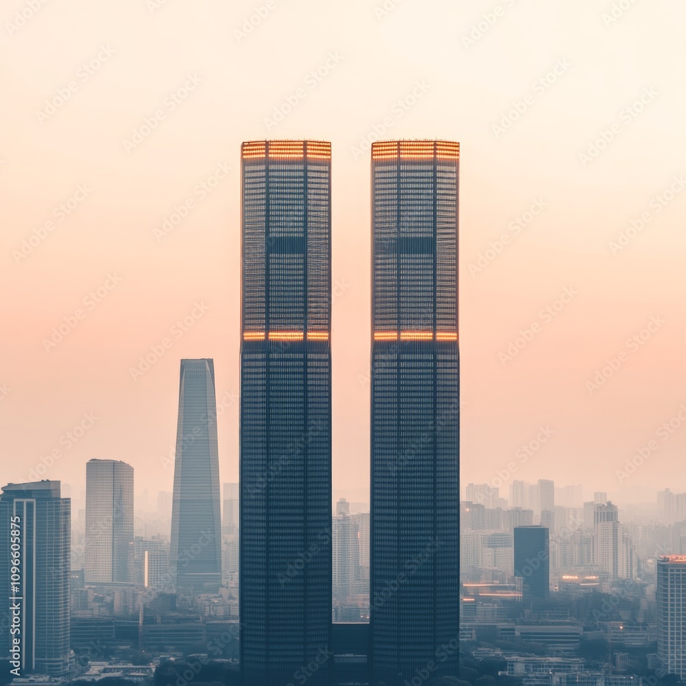 Obraz premium Twin skyscrapers at sunrise, city skyline.