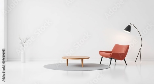 Minimalist living room with a red armchair, wooden coffee table, and a grey rug.