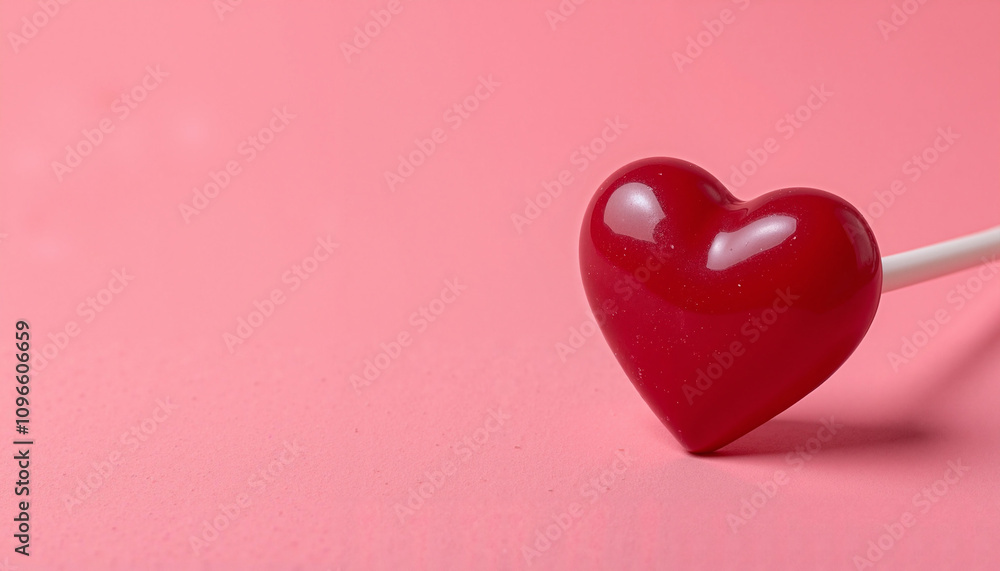 Red heart-shaped lollipop on a pink background

