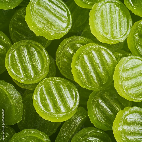 Green hard sugar candies. Green candy background. Close up of sugar candies. photo