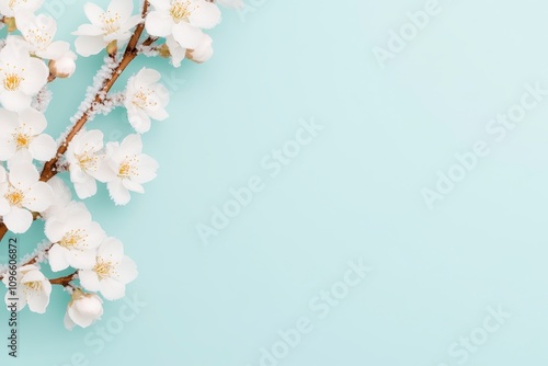 White blossoms on a light blue background.