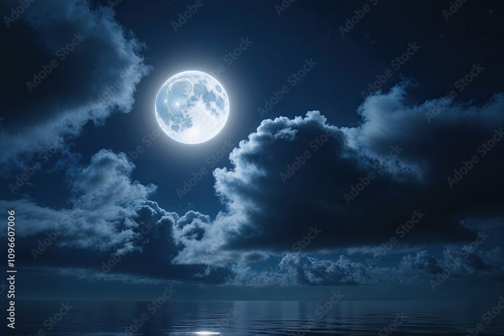 Fototapeta premium Serene Moonlit Cloudscape with Bright Nocturnal Reflections and Calm Atmosphere