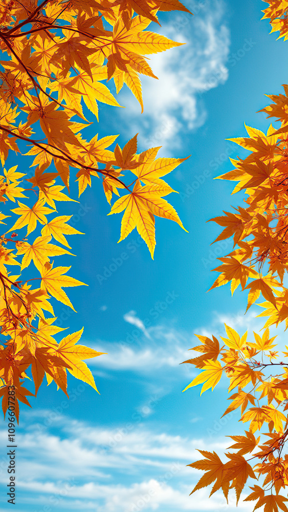 Golden and emerald maple leaves against a backdrop of blue sky, autumnal, vibrant colors, emerald Golden and emerald maple leaves against a backdrop of blue sky, autumnal, vibrant colors, emerald