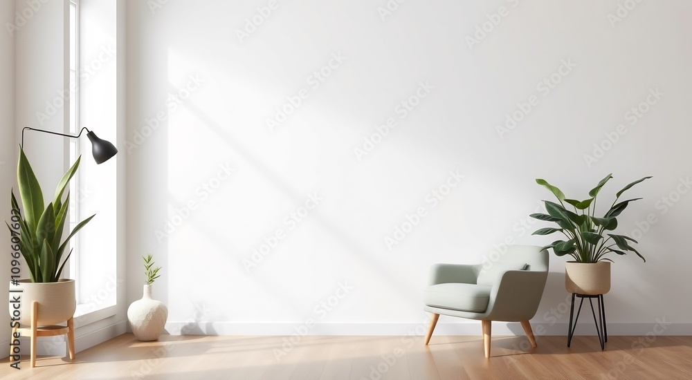 Minimalist living room interior with a gray armchair, plants, and a lamp. Minimalist living room interior with a gray armchair, plants, and a lamp.