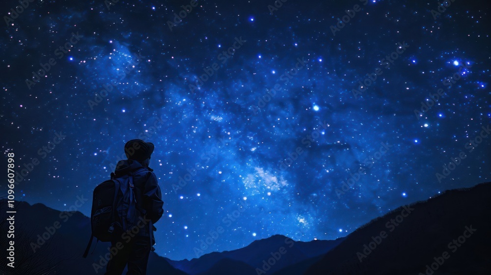 Obraz premium A lone hiker stands silhouetted against the breathtaking backdrop of the Milky Way galaxy, a celestial tapestry of stars illuminating the night sky.