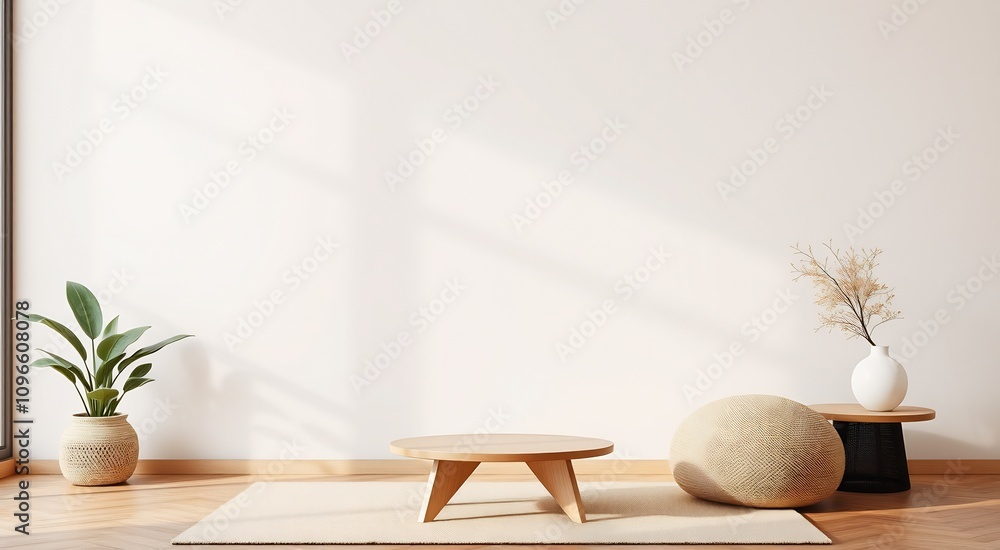 Minimalist Living Room Interior with Wooden Coffee Table and Round Pouf. Minimalist Living Room Interior with Wooden Coffee Table and Round Pouf.
