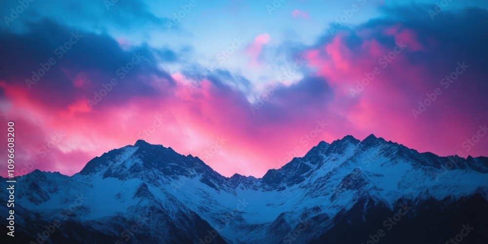 A vibrant sunset paints the sky in hues of pink and blue, casting long shadows across the majestic mountain range A vibrant sunset paints the sky in hues of pink and blue, casting long shadows across the majestic mountain range