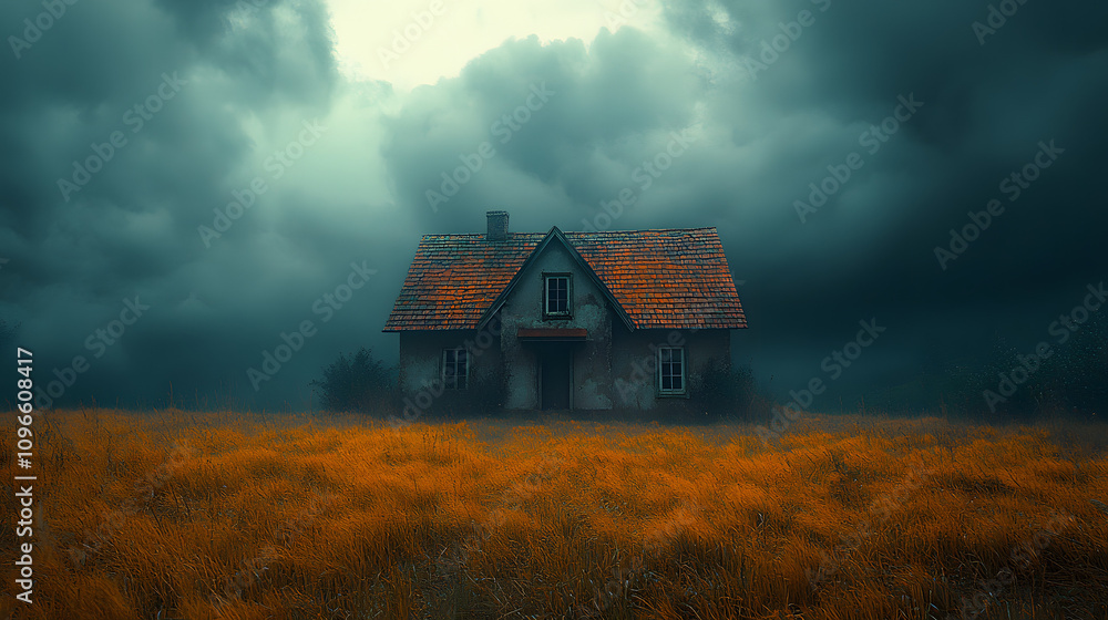A small, solitary house standing in the middle of an open field under dark, dramatic clouds, evoking themes of isolation, serenity, and the beauty of nature in a moody and atmospheric rural setting.
A small, solitary house standing in the middle of an open field under dark, dramatic clouds, evoking themes of isolation, serenity, and the beauty of nature in a moody and atmospheric rural setting.