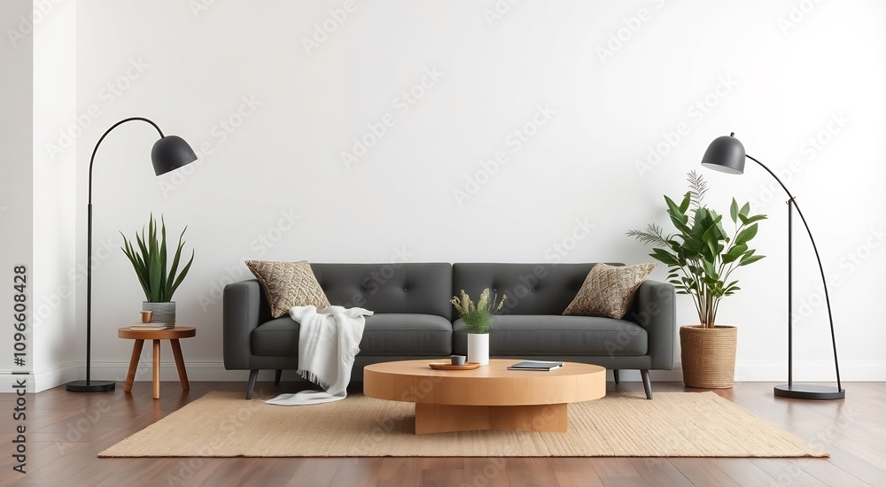 Modern living room with a gray sofa, wooden coffee table, and plants. Modern living room with a gray sofa, wooden coffee table, and plants.
