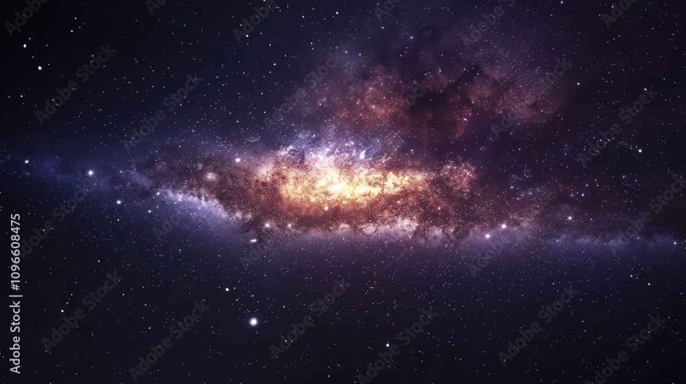 Fototapeta premium A stunning view of a spiral galaxy with a bright core and swirling arms of stars and gas, set against a backdrop of a starry sky.