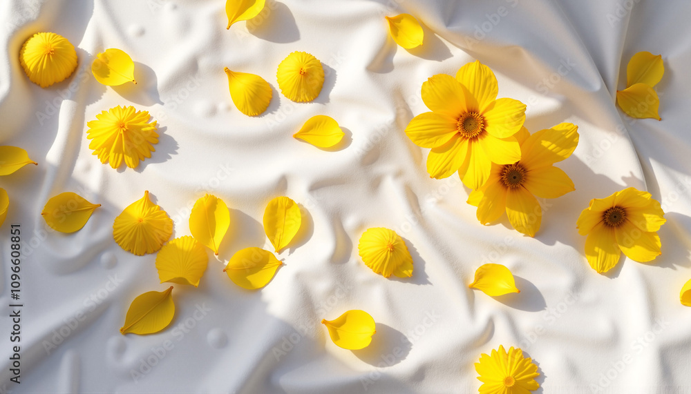 Obraz premium Bright and cheerful arrangement of yellow flower petals and blooms on a textured white fabric background