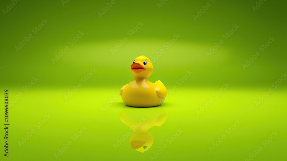 Isolated rubber duck with crisp reflection on green backdrop, reflection, shiny, yellow duck, rubber duck Isolated rubber duck with crisp reflection on green backdrop, reflection, shiny, yellow duck, rubber duck