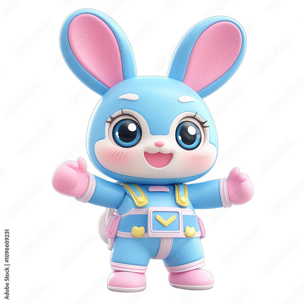 A cheerful blue rabbit character in a playful pose, combining cuteness and fun for children's activities. A cheerful blue rabbit character in a playful pose, combining cuteness and fun for children's activities.