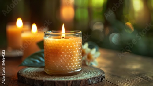 Three burning candles on wooden surface with natural background. photo