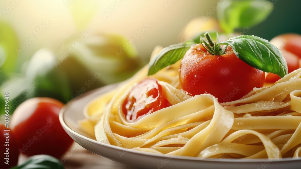 A delicious plate of fettuccine pasta garnished with fresh tomatoes and basil, set against a softly blurred background. A delicious plate of fettuccine pasta garnished with fresh tomatoes and basil, set against a softly blurred background.